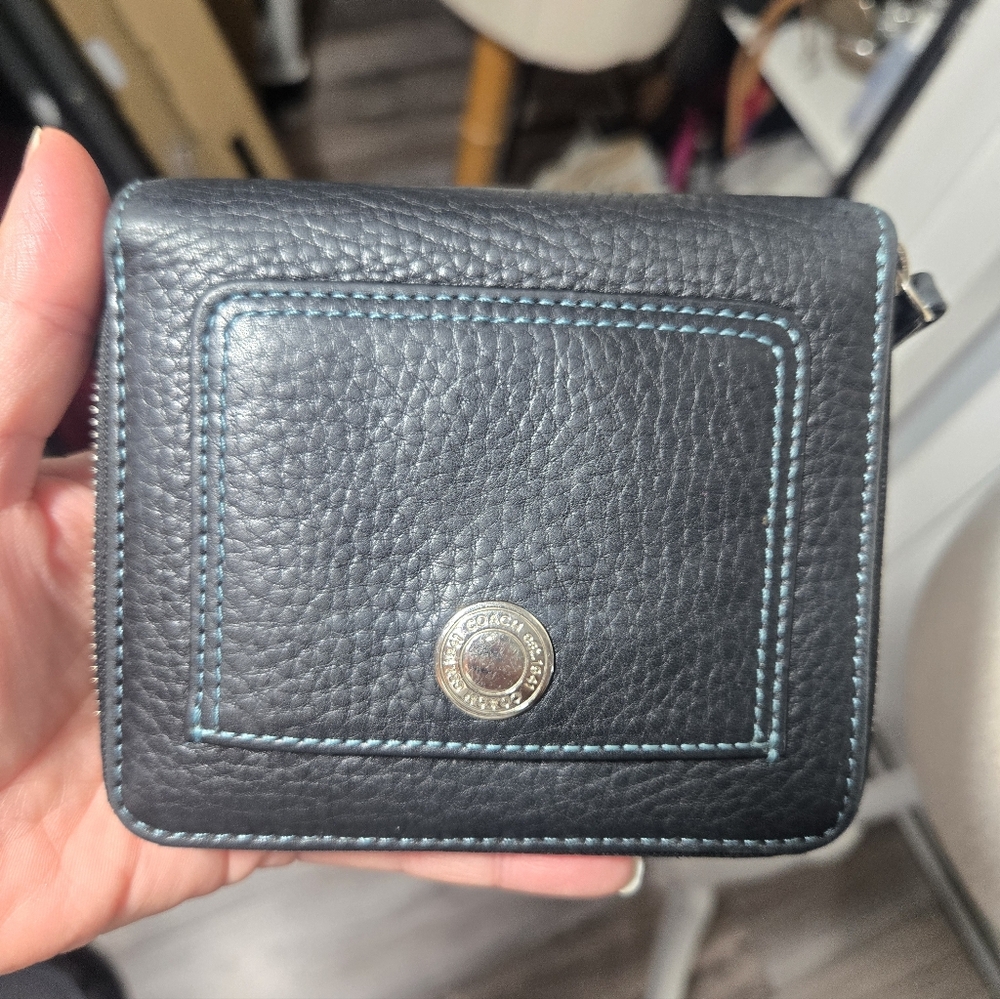 Coach Black Leather Small Wallet with Teal Stitching - Picture 2 of 13